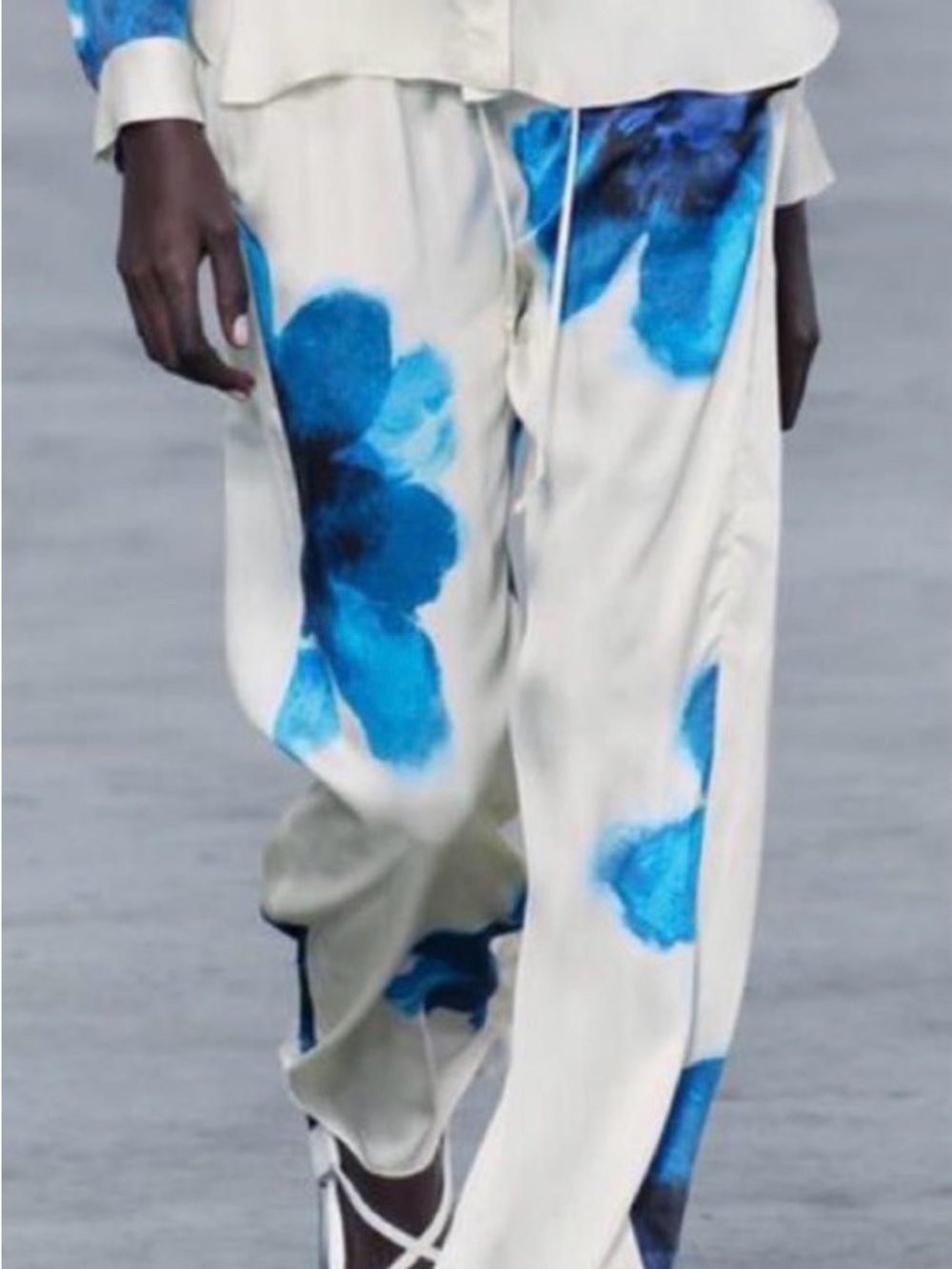 Zara Cream Drawstring Pants with Blue Watercolor Accent